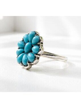 Turquoise Cluster Silver-Tone Ring Size 8 Floral Design Vintage Boho Jewelry